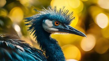 Bird with a blue head and yellow background. The bird has a very long neck and is looking at the camera photo