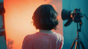 Woman in a red shirt is sitting in front of a wall with a camera behind her. The camera is on a tripod and the woman is looking at the camera. Scene is one of focus and concentration photo