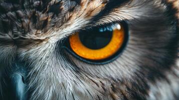 The eye of an owl is shown in close up, with the iris being the main focus. The eye is surrounded by feathers, giving it a sense of depth and texture. Concept of mystery and intrigue photo