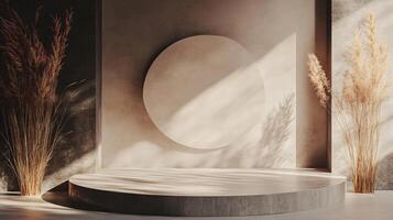 Large circular structure with a shadow on it. The shadow is on the wall and the structure is in the middle of the room photo