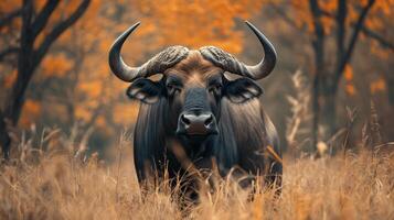 Large brown and black ox with horns stands in a field of tall grass. The image has a warm, natural feel to it, with the brown and orange tones of the grass and the ox creating a sense of calm photo