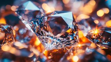 Close up of a bunch of diamonds with a warm orange glow. The diamonds are all different sizes and shapes, but they all have a similar sparkle and shine. Scene is one of luxury and elegance photo