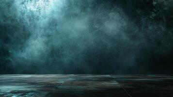 Dark, smoky room with a wet floor. The room is empty and the only thing visible is a blurry, hazy smoke photo