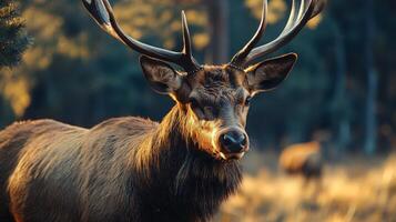 Deer with its head down and its antlers visible. The deer is in a forest with trees in the background photo