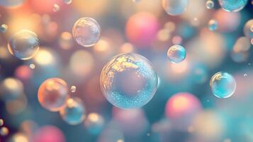 Colorful image of many small bubbles floating in the air. The bubbles are of different sizes and colors, creating a vibrant and playful atmosphere. Concept of joy and wonder photo