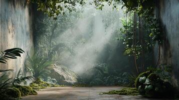 Forest scene with a path leading through it. The path is surrounded by trees and plants, and there is a rock in the middle of the path photo