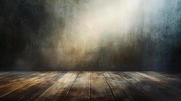 Wooden floor with a wall in the background. The wall is covered in graffiti and the floor is empty photo