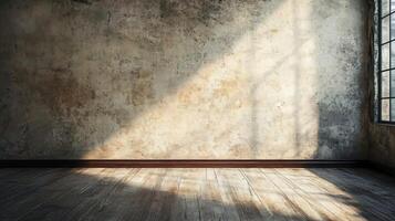 Room with a large window and a wooden floor. The room is empty and has a very plain and simple appearance photo