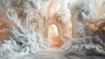 The sky is a beautiful mix of white and orange clouds, creating a serene and dreamy atmosphere. In the center of the scene, there is a white archway that stands out against the white clouds photo