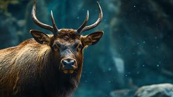 Deer with its head down and its antlers in the air. The deer is wet and has a muddy look to it photo