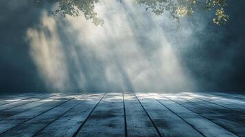 Wooden floor with a large shadow cast on it. The shadow is on the floor and the floor is a deep blue color photo