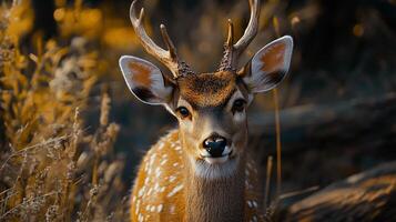 Deer with antlers is standing in a field of tall grass. The deer is looking directly at the camera, and its eyes are wide open. The scene is peaceful and serene photo