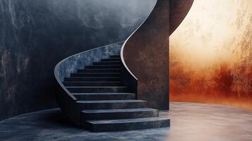 Spiral staircase is shown in a room with a wall that has a red and orange hue. The staircase is made of black stone and is the focal point of the room. The room has a dark and moody atmosphere photo