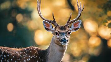 Deer with antlers is standing in a forest. The deer is looking at the camera. The forest is full of trees and leaves photo
