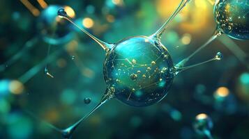 Close up of a blue sphere with many small bubbles surrounding it. The bubbles are of different sizes and are scattered around the sphere. Concept of movement and fluidity photo