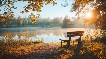 Bench is sitting by a lake in the morning. The sun is shining on the water, creating a peaceful and serene atmosphere photo