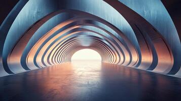 Long tunnel with a bright light shining through it. The tunnel is made of concrete and has a very modern look to it photo