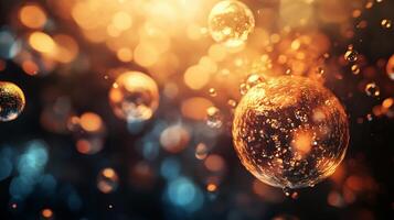 Blurry image of many small bubbles in a dark background. The bubbles are orange and blue, and they appear to be floating in the air. The image has a dreamy, ethereal quality to it photo
