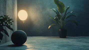 Dimly lit room with a black plant and a white light. The light is on, casting a soft glow on the room. The room has a minimalist feel, with only a few decorative elements, such as the plant photo