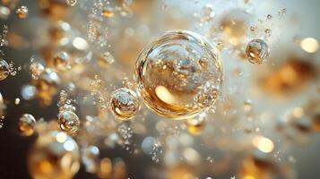Close up of a gold colored bubble with many other bubbles surrounding it. The bubbles are all different sizes and are floating in the air. Concept of playfulness and whimsy photo