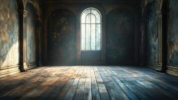 Large, empty room with a window in the middle. The room is very dark and empty, with only the light from the window illuminating the space. Scene is eerie and mysterious photo