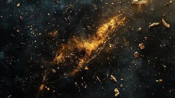 Black and gold space with a lot of debris. The debris is scattered all over the space and it looks like a big explosion photo