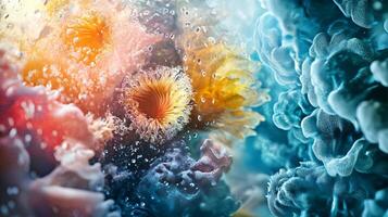 Colorful underwater scene with a yellow flower and a blue cloud. The image is vibrant and full of life, with the colors of the coral and the fish creating a sense of wonder and excitement photo