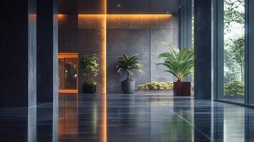 Large, empty room with a few potted plants and a few windows. The room is very clean and has a modern, minimalist design photo