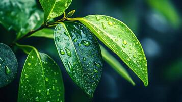 Leaf with raindrops on it. The leaf is green and has a shiny appearance. The raindrops on the leaf give it a fresh and lively look photo