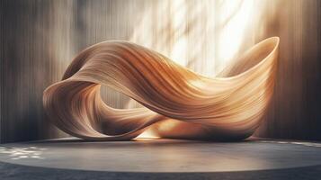 Wooden sculpture of a wave is displayed in a room with a white wall. The sculpture is made of wood and has a unique, abstract shape. The room is dimly lit, which adds to the mood of the sculpture photo