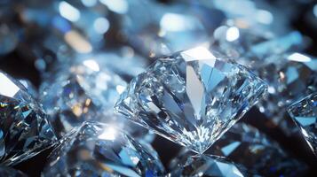 Close up of a bunch of diamonds. The diamonds are all different sizes and are all facing the same direction. Concept of luxury and elegance, as diamonds are often associated with wealth photo