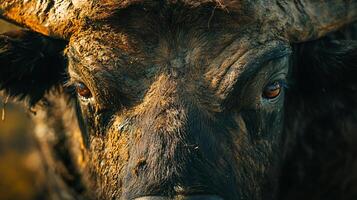 Close up of a dirty brown cow's face with its eyes open. The cow appears to be angry or agitated photo