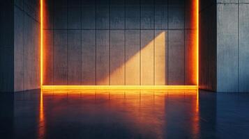 Large, empty room with a wall of orange lights shining on it. The room is dimly lit, creating a warm and inviting atmosphere. The orange lights are arranged in a way that casts a shadow on the wall photo