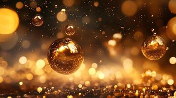 Gold colored sphere is surrounded by a blurry background. The sphere is the main focus of the image, and it is floating in the air. The blurry background adds a sense of movement photo
