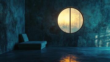 Room with a blue wall and a window. The window is open and the sun is shining through it photo