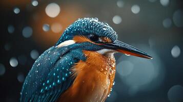 Bird with blue and orange feathers is standing in the rain. The bird is wet and has droplets of water on its feathers. The image has a serene and peaceful mood photo