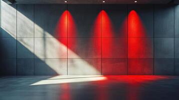 Large room with red lights on the wall. The lights are on a wall with a window in the middle photo
