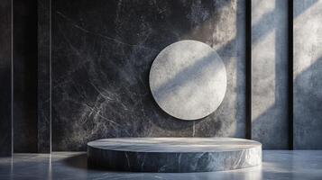 Black and white photo of a round pedestal with a white circle on it. The photo is of a room with a dark color scheme