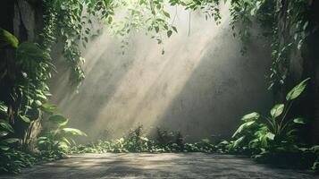 Lush green jungle with a wall in the background. The wall is covered in vines and leaves. The sunlight is shining through the trees, creating a warm and inviting atmosphere photo