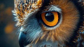 Close up of an owl's eye with a yellow iris. The eye is surrounded by feathers and the owl's face is framed by a dark background photo