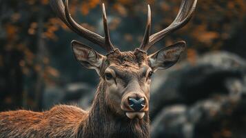 Deer with brown antlers is standing in a forest. The deer has a serious expression on its face photo