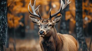 Deer with antlers is standing in a forest. The deer is wet and has a muddy appearance photo