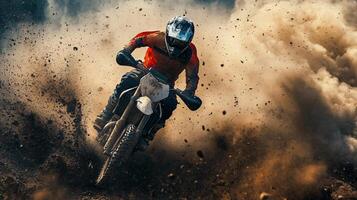 Man is riding a dirt bike through a cloud of dust. Concept of excitement and adventure, as the man skillfully navigates the challenging terrain. The dust cloud adds a dynamic photo
