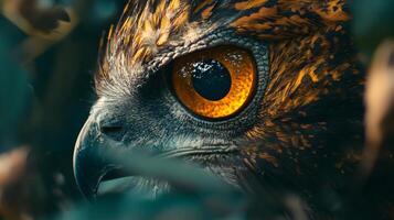 Close up of a bird's eye with a yellow iris. The eye is surrounded by green leaves, giving the impression of the bird being in a forest photo