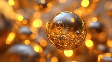 Close up of a gold colored sphere with many smaller spheres surrounding it. The sphere is surrounded by a blurry background with a lot of light and shadows. Concept of depth and complexity photo