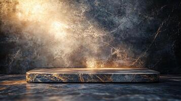 Large, empty stone slab with a few specks of gold on it. The stone slab is sitting on a wet surface photo