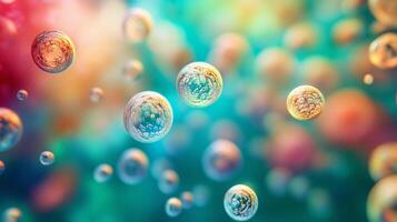 Colorful image of many small bubbles floating in the air. The bubbles are of different sizes and colors, creating a vibrant and lively atmosphere. Concept of playfulness and joy photo