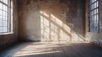 Large empty room with a brick wall and a window. The room is very bare and empty, with no furniture or decorations. The sunlight is shining through the window, casting shadows on the wall photo