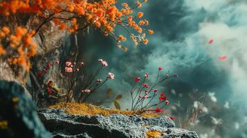 Beautiful scene of a rocky hillside with a tree and some flowers. The flowers are pink and the tree is bare photo