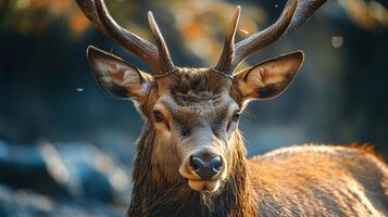 Deer with its head down and its antlers visible. The deer is wet and has a muddy appearance photo